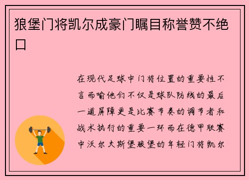 狼堡门将凯尔成豪门瞩目称誉赞不绝口