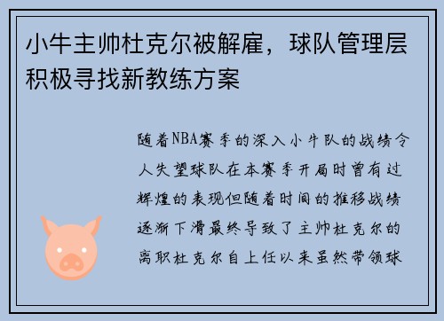 小牛主帅杜克尔被解雇，球队管理层积极寻找新教练方案