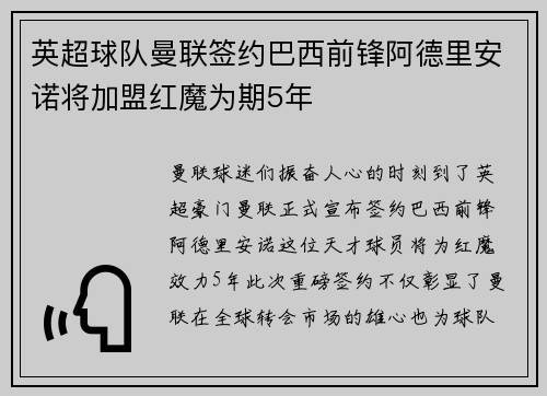 英超球队曼联签约巴西前锋阿德里安诺将加盟红魔为期5年