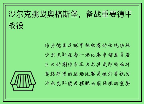沙尔克挑战奥格斯堡，备战重要德甲战役